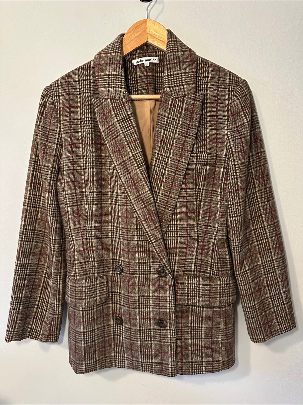 Reformation Plaid Double-Breasted Blazer - Brown, Tan, Red Accent